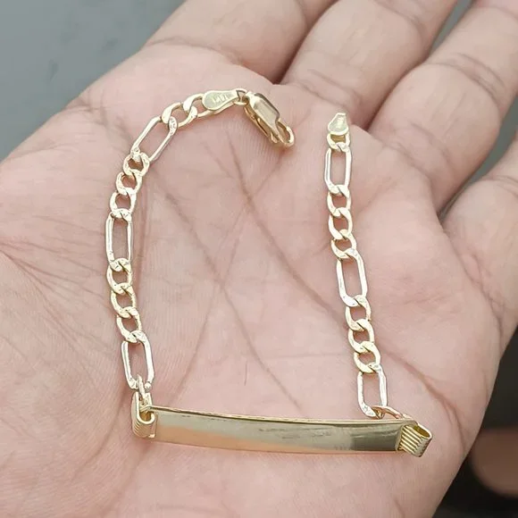 10kt real gold try color figaro daimond cut bracelet size 7 inches
